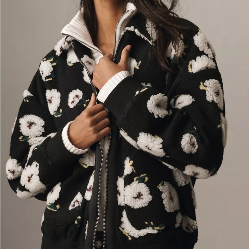 NWT By Anthropologie Floral Sherpa Fleece Bomber Jacket